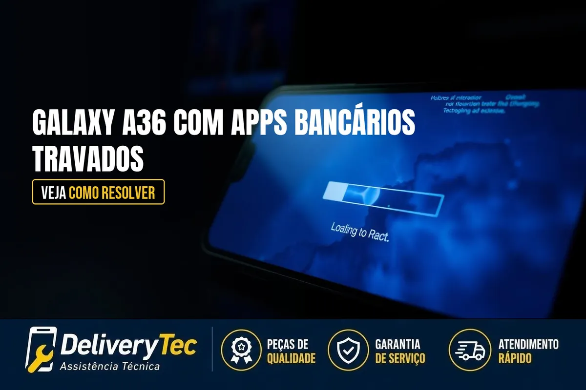 Galaxy A36 com Apps Bancários Travados Depois da One UI 8.5? Veja Como Resolver — ilustração do artigo da Delivery Tec, assistência técnica de celular em São José do Rio Preto