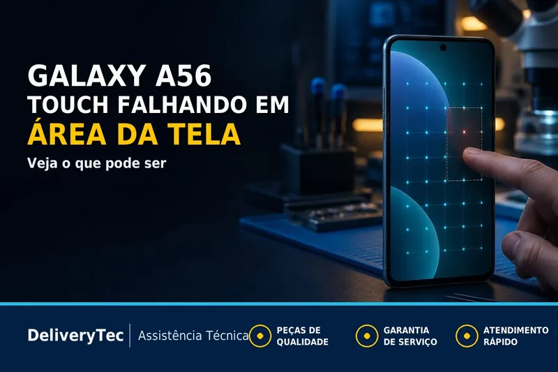 Galaxy A56 com Touch Falhando em uma Área Específica da Tela? Veja o que Pode Ser — ilustração do artigo da Delivery Tec, assistência técnica de celular em São José do Rio Preto