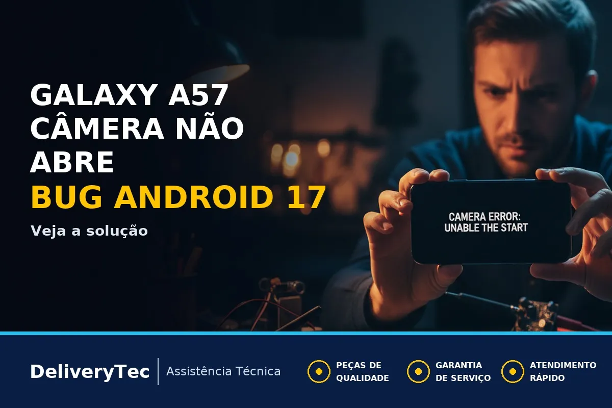 Galaxy A57 com Câmera Frontal Travando no Android 17? Saiba o que Fazer — ilustração do artigo da Delivery Tec, assistência técnica de celular em São José do Rio Preto