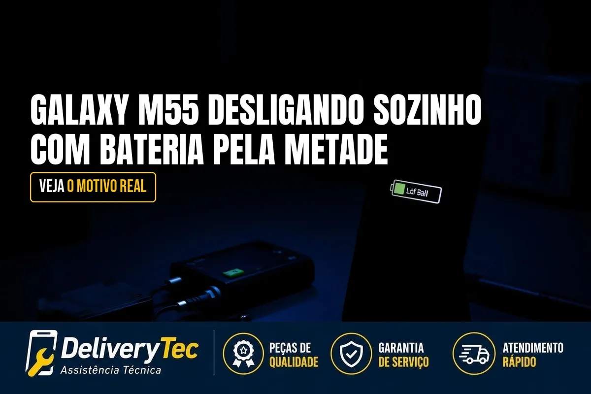Galaxy M55 Desligando Sozinho com Bateria pela Metade? Veja o Motivo — ilustração do artigo da Delivery Tec, assistência técnica de celular em São José do Rio Preto