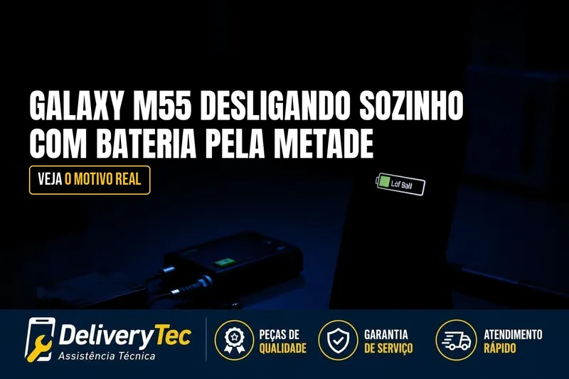 Galaxy M55 Desligando Sozinho com Bateria pela Metade? Veja o Motivo — ilustração do artigo da Delivery Tec, assistência técnica de celular em São José do Rio Preto
