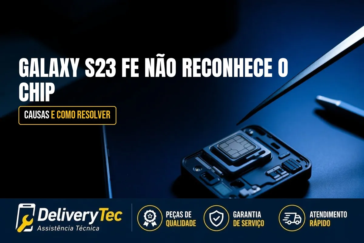 Galaxy S23 FE Não Reconhece o Chip? Causas e Como Resolver — ilustração do artigo da Delivery Tec, assistência técnica de celular em São José do Rio Preto