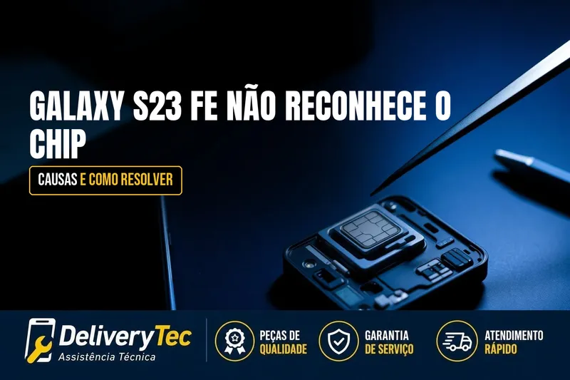 Galaxy S23 FE Não Reconhece o Chip? Causas e Como Resolver — ilustração do artigo da Delivery Tec, assistência técnica de celular em São José do Rio Preto