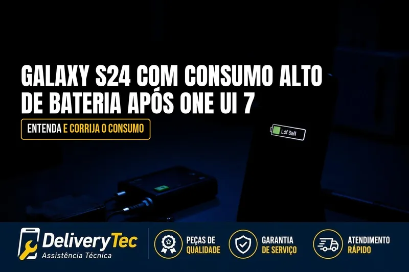 Galaxy S24 com Consumo Alto de Bateria Após One UI 7? Como Corrigir — ilustração do artigo da Delivery Tec, assistência técnica de celular em São José do Rio Preto