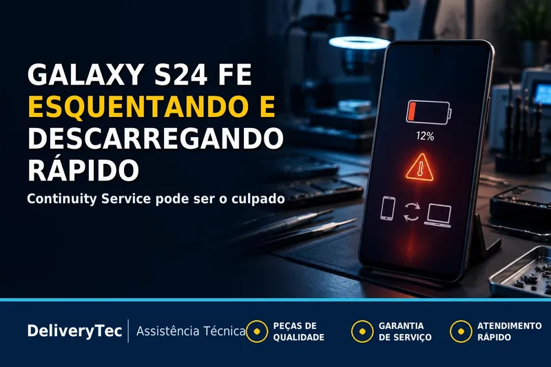 Galaxy S24 FE Esquentando e Descarregando Rápido? O Continuity Service Pode Ser o Culpado — ilustração do artigo da Delivery Tec, assistência técnica de celular em São José do Rio Preto
