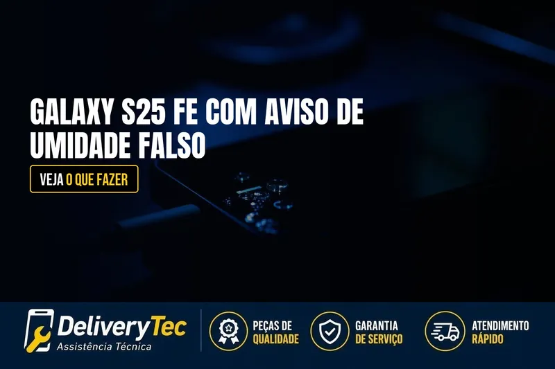 Galaxy S25 FE com Aviso de Umidade Falso e Carregamento Cada Vez Mais Lento? Veja o que Fazer — ilustração do artigo da Delivery Tec, assistência técnica de celular em São José do Rio Preto