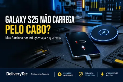 Galaxy S25 Parou de Carregar pelo Cabo, mas Carrega Normalmente por Indução? Veja o que Fazer — ilustração do artigo da Delivery Tec, assistência técnica de celular em São José do Rio Preto