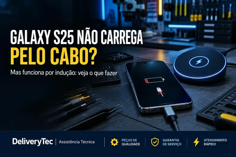 Galaxy S25 Parou de Carregar pelo Cabo, mas Carrega Normalmente por Indução? Veja o que Fazer — ilustração do artigo da Delivery Tec, assistência técnica de celular em São José do Rio Preto
