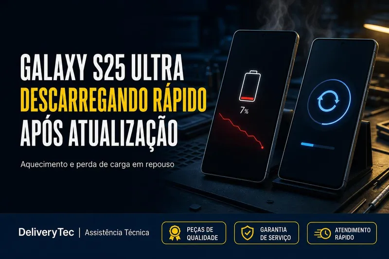 Galaxy S25 Ultra Descarregando Rápido Depois da Atualização de Julho? Veja o que Fazer — ilustração do artigo da Delivery Tec, assistência técnica de celular em São José do Rio Preto
