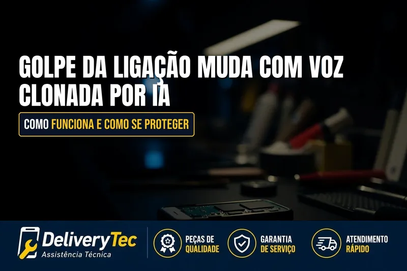 Golpe da Ligação Muda com Voz Clonada por IA: Como Funciona e Como se Proteger — ilustração do artigo da Delivery Tec, assistência técnica de celular em São José do Rio Preto