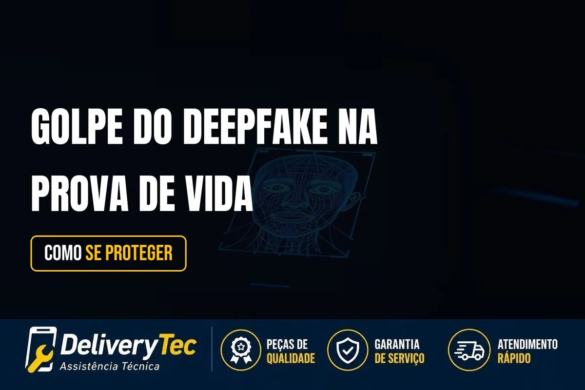 Golpe do Deepfake na Prova de Vida: Como Funciona e Como se Proteger — ilustração do artigo da Delivery Tec, assistência técnica de celular em São José do Rio Preto