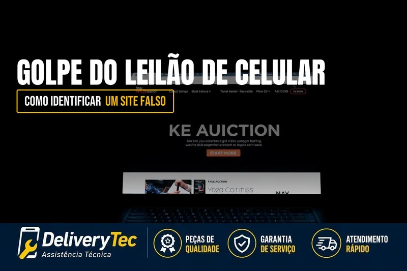 Golpe do Leilão de Celular: Como Identificar um Site Falso Antes de Pagar — ilustração do artigo da Delivery Tec, assistência técnica de celular em São José do Rio Preto