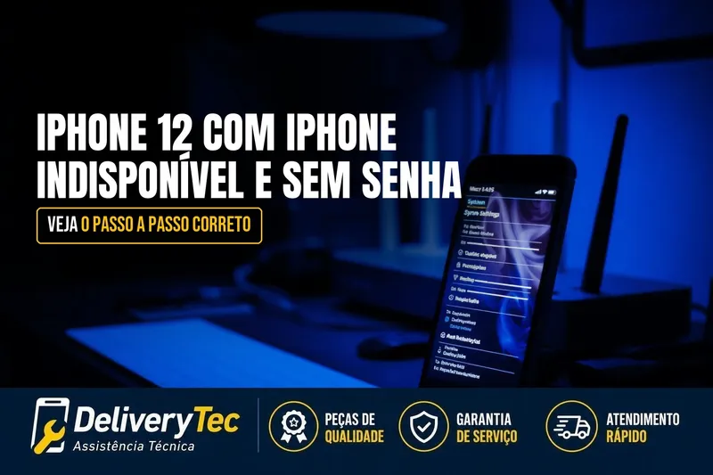 iPhone 12 com "iPhone Indisponível" e Sem Senha? O que Fazer — ilustração do artigo da Delivery Tec, assistência técnica de celular em São José do Rio Preto