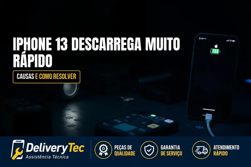 iPhone 13 Descarrega Muito Rápido? Descubra as Principais Causas e Como Resolver — ilustração do artigo da Delivery Tec, assistência técnica de celular em São José do Rio Preto