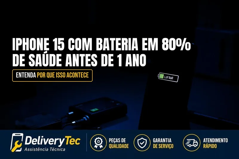 iPhone 15 com Bateria em 80% de Saúde Antes de 1 Ano? Entenda — ilustração do artigo da Delivery Tec, assistência técnica de celular em São José do Rio Preto