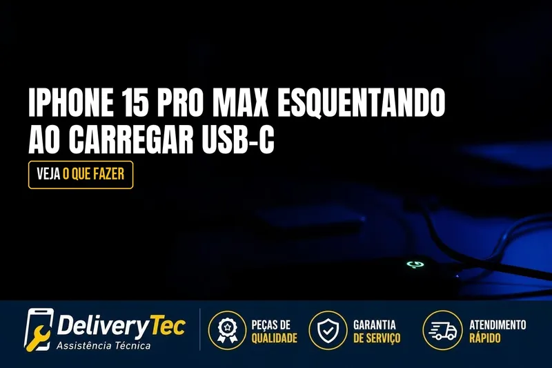 iPhone 15 Pro Max Esquentando ao Carregar USB-C? Veja o que Fazer — ilustração do artigo da Delivery Tec, assistência técnica de celular em São José do Rio Preto