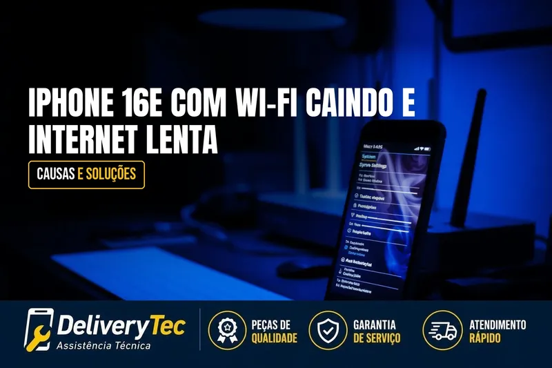 iPhone 16e com Wi-Fi Caindo e Internet Lenta? Causas e Soluções — ilustração do artigo da Delivery Tec, assistência técnica de celular em São José do Rio Preto