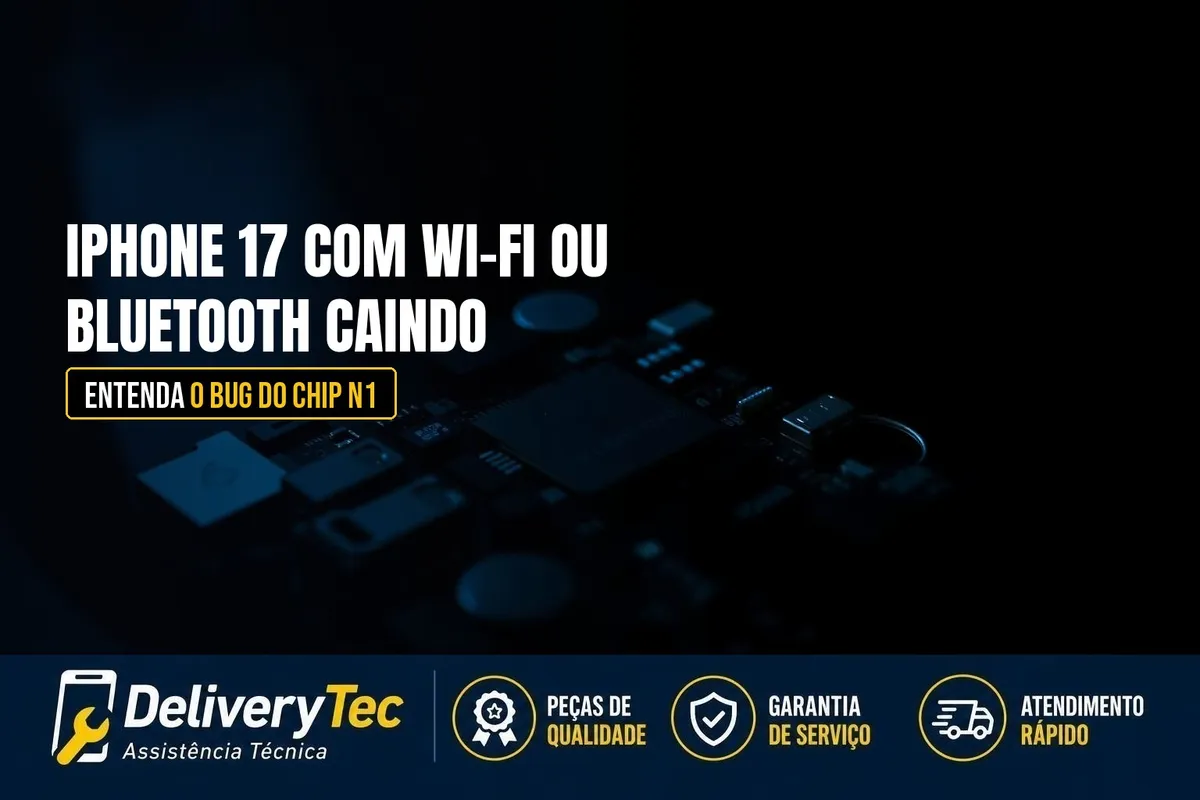 iPhone 17 com Wi-Fi ou Bluetooth Caindo ao Desbloquear a Tela? Entenda o Bug do Chip N1 — ilustração do artigo da Delivery Tec, assistência técnica de celular em São José do Rio Preto