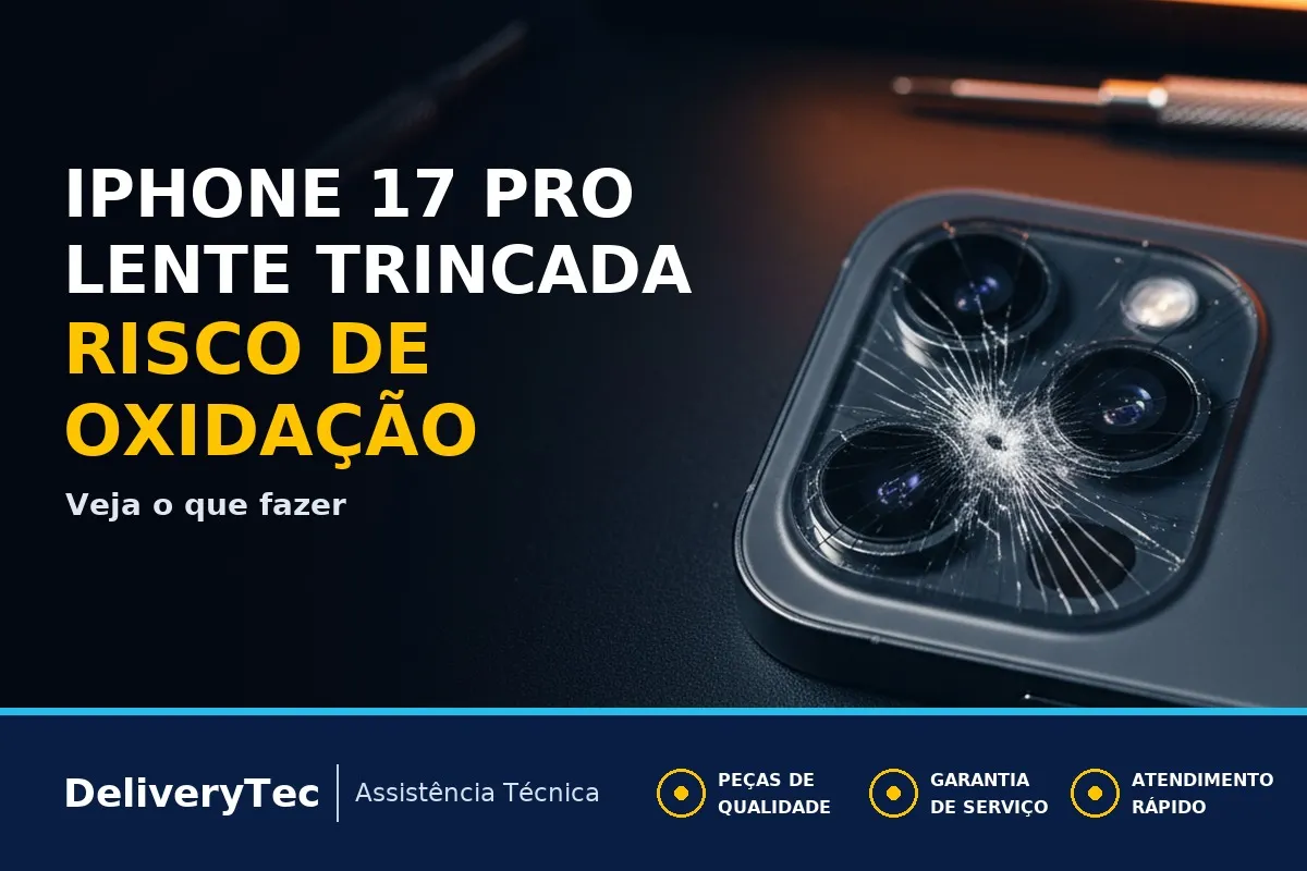 iPhone 17 Pro com a lente da câmera principal trincada? Entenda o risco de não trocar — ilustração do artigo da Delivery Tec, assistência técnica de celular em São José do Rio Preto