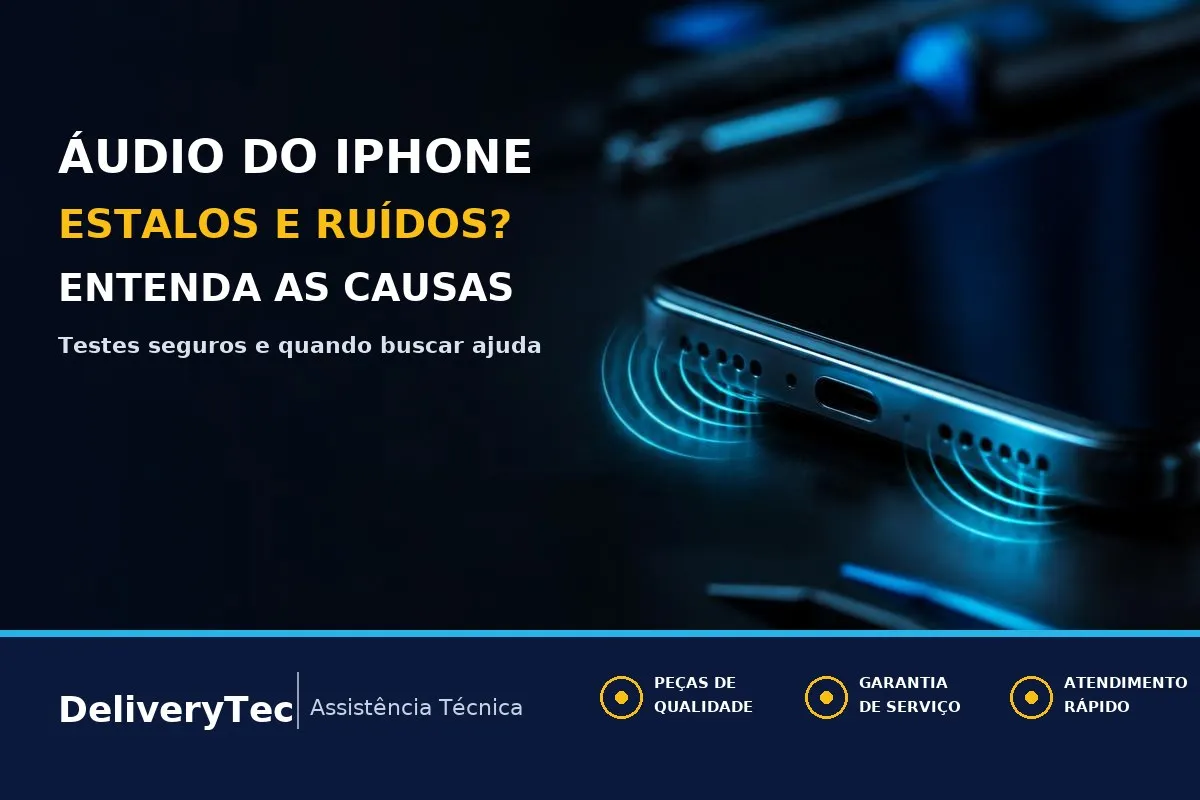 iPhone 18 Pro com estalos e ruídos no alto-falante? O que está acontecendo — ilustração do artigo da Delivery Tec, assistência técnica de celular em São José do Rio Preto