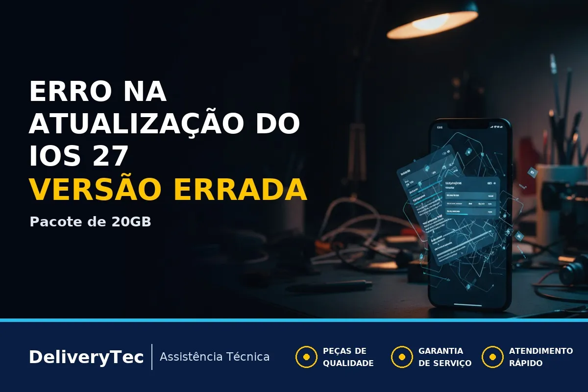 iPhone Baixando iOS 26.7 em Vez do iOS 27? Entenda a Confusão de 20 GB — ilustração do artigo da Delivery Tec, assistência técnica de celular em São José do Rio Preto