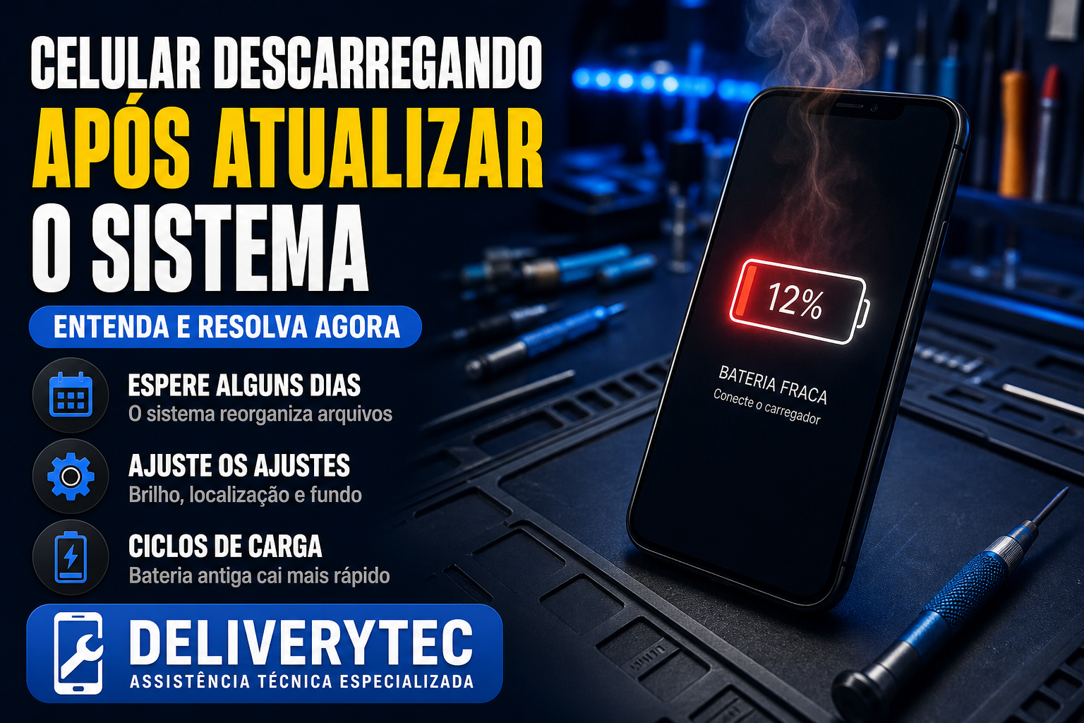 iPhone Descarregando Rápido Depois do iOS 26? Veja o que Está Acontecendo — ilustração do artigo da Delivery Tec, assistência técnica de celular em São José do Rio Preto