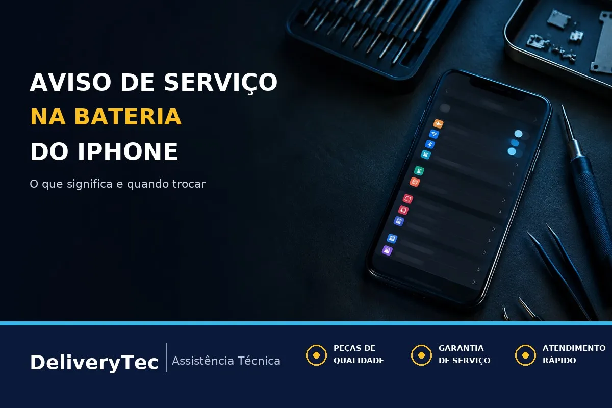 iPhone Mostra "Serviço" na Saúde da Bateria? Entenda o Aviso — ilustração do artigo da Delivery Tec, assistência técnica de celular em São José do Rio Preto