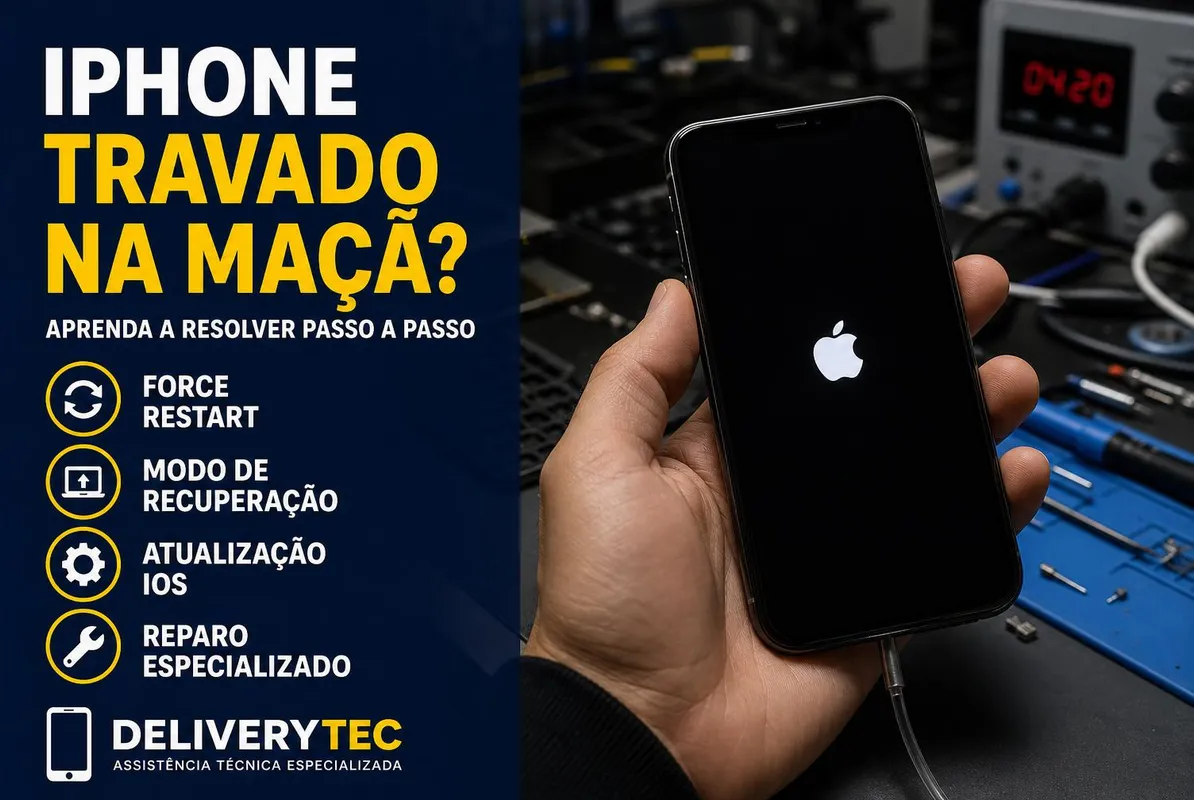 iPhone travado na maçã: entenda as causas e como resolver com segurança — ilustração do artigo da Delivery Tec, assistência técnica de celular em São José do Rio Preto