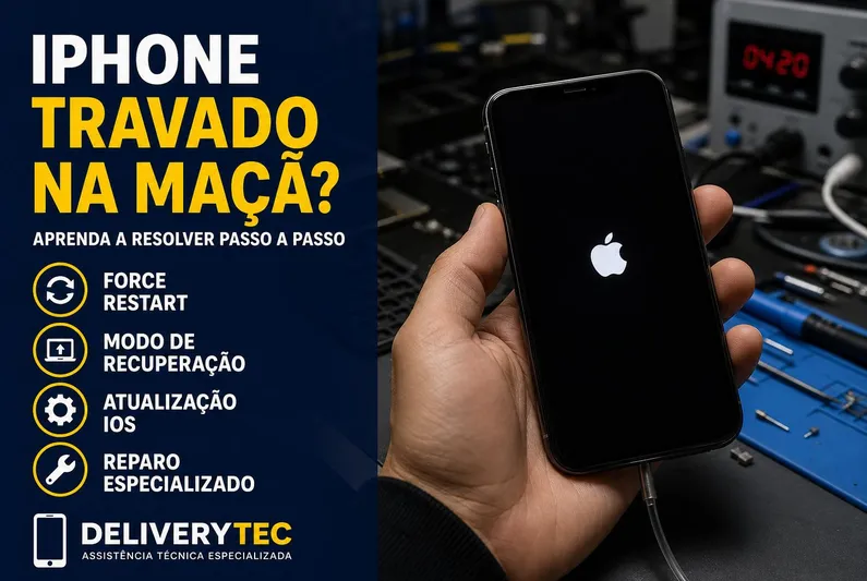 iPhone travado na maçã: entenda as causas e como resolver com segurança — ilustração do artigo da Delivery Tec, assistência técnica de celular em São José do Rio Preto