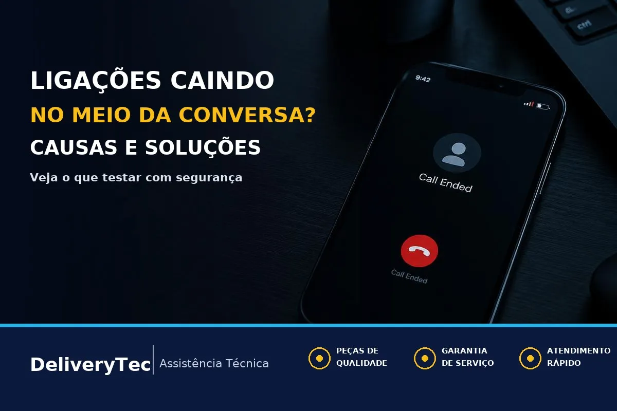 Ligações caem sozinhas no meio da conversa? Causas e soluções — ilustração do artigo da Delivery Tec, assistência técnica de celular em São José do Rio Preto