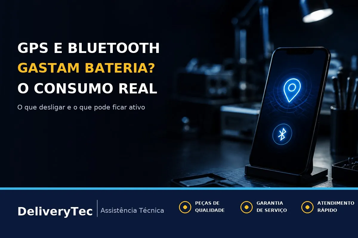 Localização, Bluetooth e Wi-Fi Ligados Gastam Muita Bateria? Veja o Consumo Real — ilustração do artigo da Delivery Tec, assistência técnica de celular em São José do Rio Preto