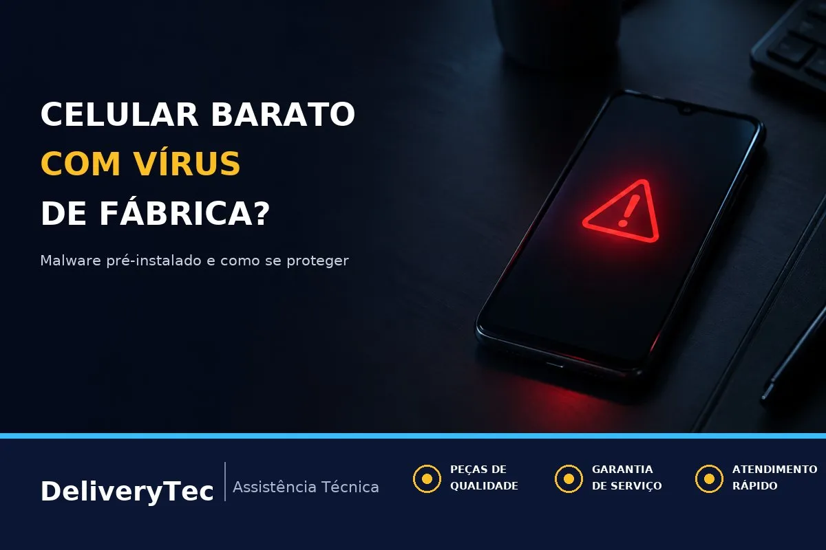 Celular Android Barato com Vírus de Fábrica? Entenda o Malware que Já Vem Pré-Instalado — ilustração do artigo da Delivery Tec, assistência técnica de celular em São José do Rio Preto