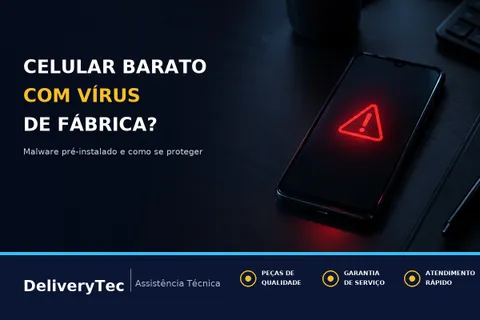 Celular Android Barato com Vírus de Fábrica? Entenda o Malware que Já Vem Pré-Instalado — ilustração do artigo da Delivery Tec, assistência técnica de celular em São José do Rio Preto
