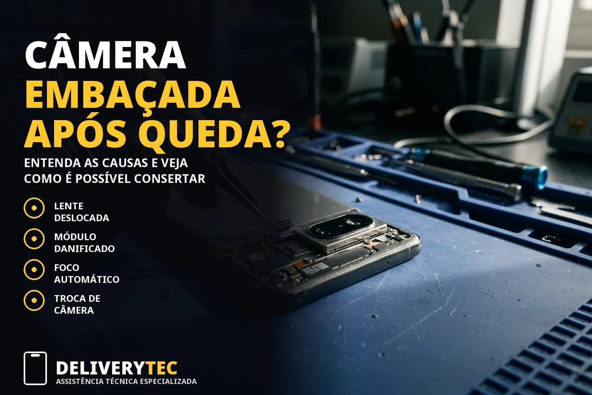 Meu celular caiu e a câmera ficou embaçada. O que pode ser — ilustração do artigo da Delivery Tec, assistência técnica de celular em São José do Rio Preto