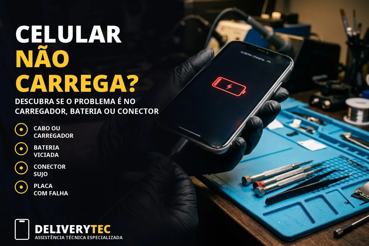 Meu celular parou de carregar. O problema é o carregador, a bateria ou o conector — ilustração do artigo da Delivery Tec, assistência técnica de celular em São José do Rio Preto