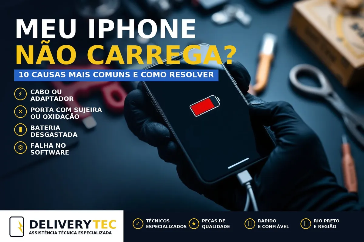 Meu iPhone não carrega: 10 causas mais comuns e como resolver — ilustração do artigo da Delivery Tec, assistência técnica de celular em São José do Rio Preto