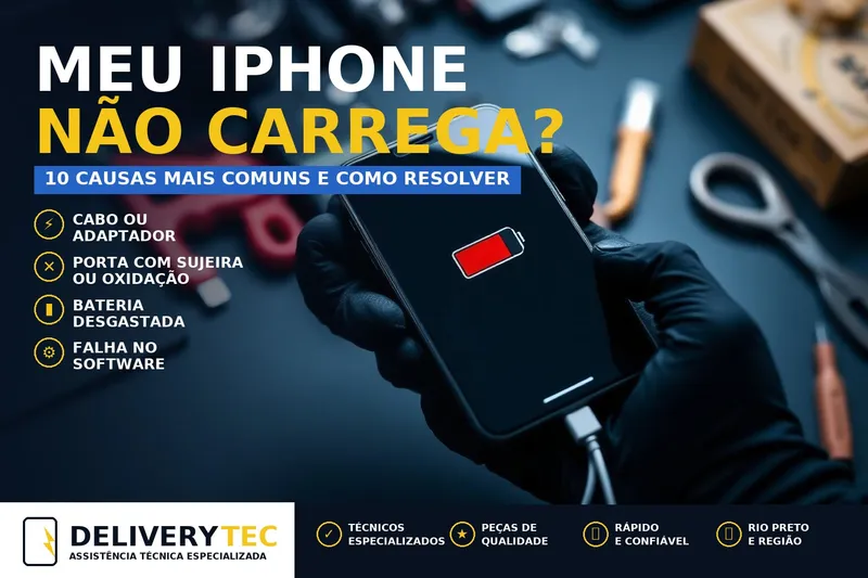 Meu iPhone não carrega: 10 causas mais comuns e como resolver — ilustração do artigo da Delivery Tec, assistência técnica de celular em São José do Rio Preto
