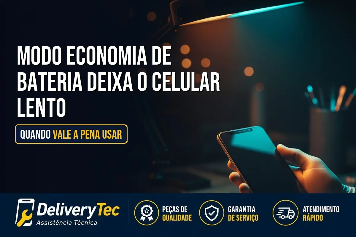 Modo Economia de Bateria Deixa o Celular Lento? Quando Vale a Pena Usar — ilustração do artigo da Delivery Tec, assistência técnica de celular em São José do Rio Preto