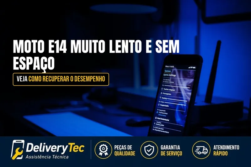 Moto E14 Muito Lento e Sem Espaço? Como Recuperar o Desempenho — ilustração do artigo da Delivery Tec, assistência técnica de celular em São José do Rio Preto