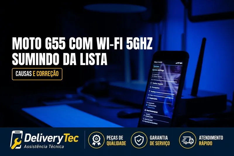 Moto G55 com Wi-Fi 5GHz Sumindo da Lista? Causas e Correção — ilustração do artigo da Delivery Tec, assistência técnica de celular em São José do Rio Preto