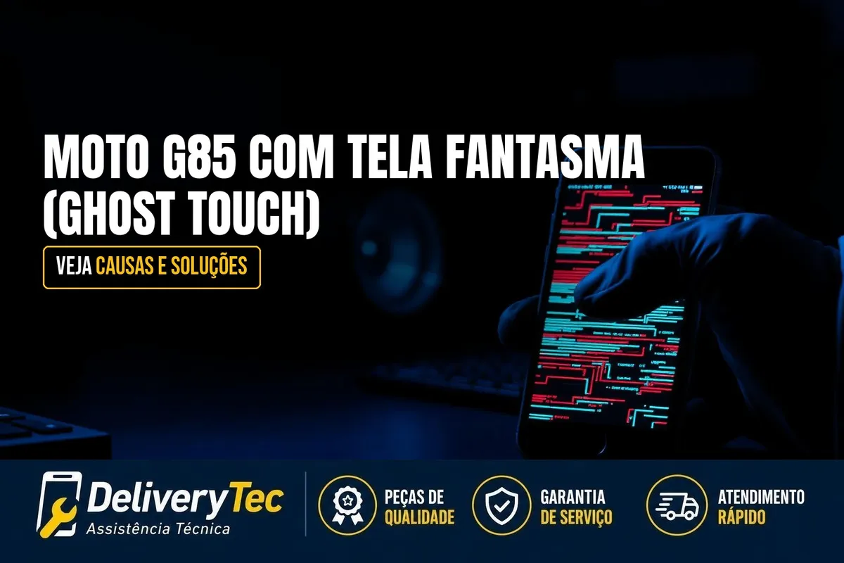 Moto G85 com Tela Fantasma (Ghost Touch)? Veja Causas e Soluções — ilustração do artigo da Delivery Tec, assistência técnica de celular em São José do Rio Preto