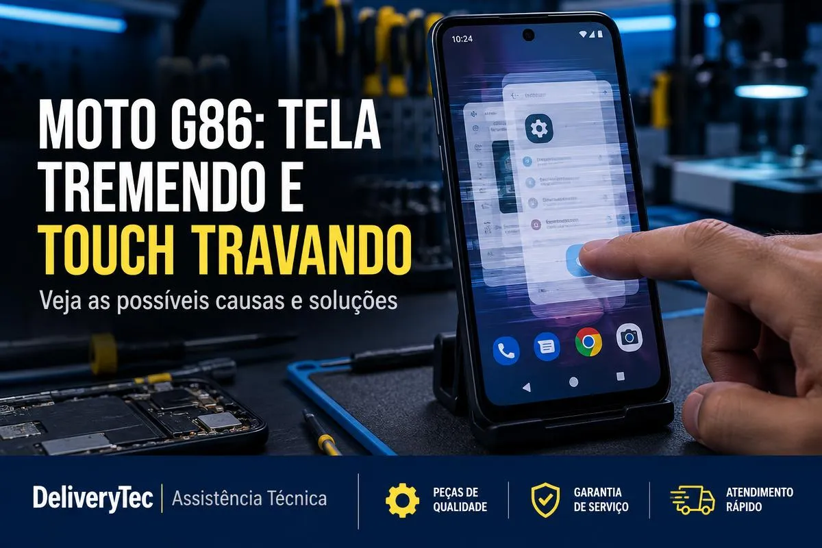 Moto G86 com a Tela Tremendo e o Touch Travando? Veja o que Pode Ser — ilustração do artigo da Delivery Tec, assistência técnica de celular em São José do Rio Preto