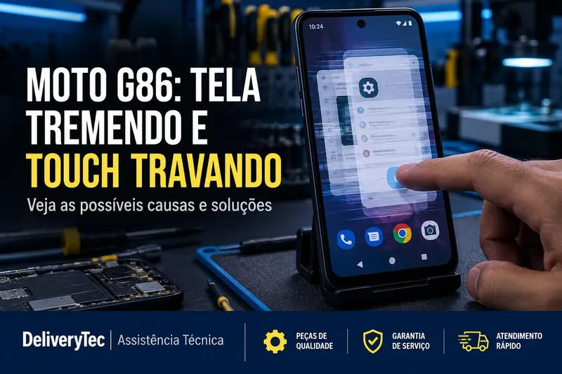 Moto G86 com a Tela Tremendo e o Touch Travando? Veja o que Pode Ser — ilustração do artigo da Delivery Tec, assistência técnica de celular em São José do Rio Preto