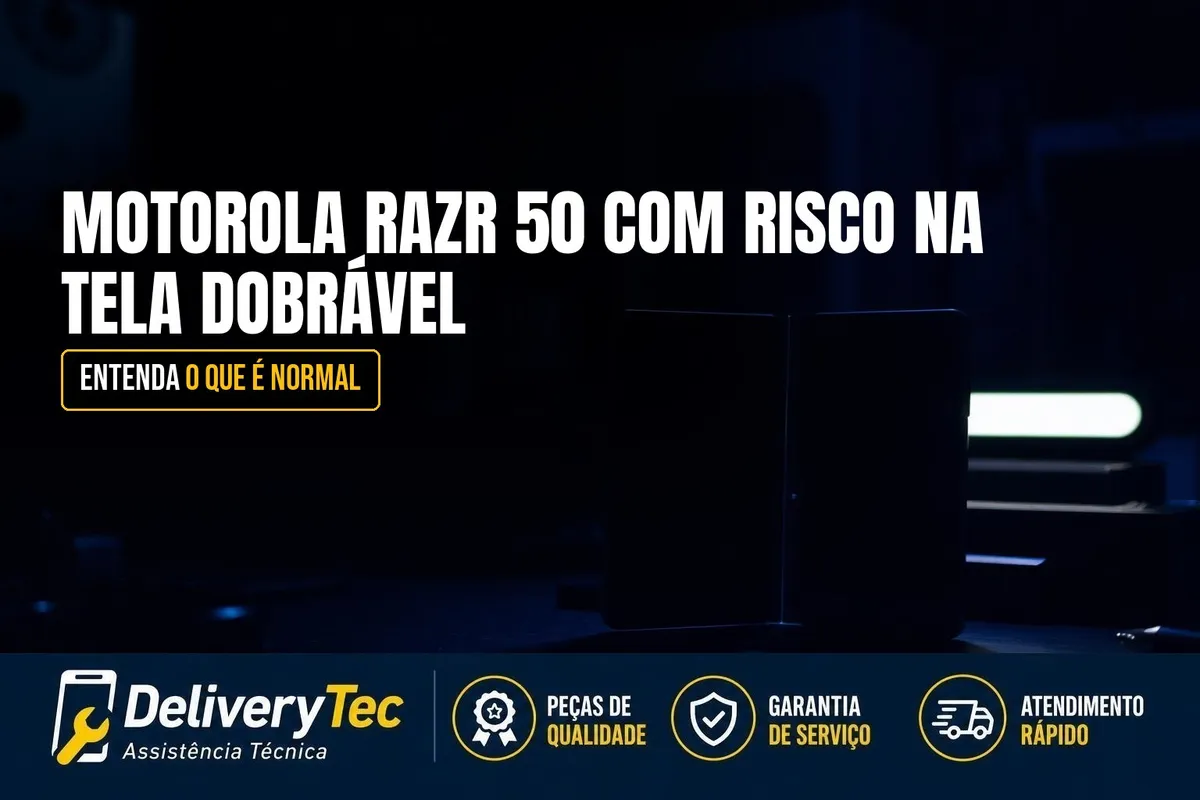 Motorola Razr 50 com Risco na Tela Dobrável? Entenda o que é Normal — ilustração do artigo da Delivery Tec, assistência técnica de celular em São José do Rio Preto