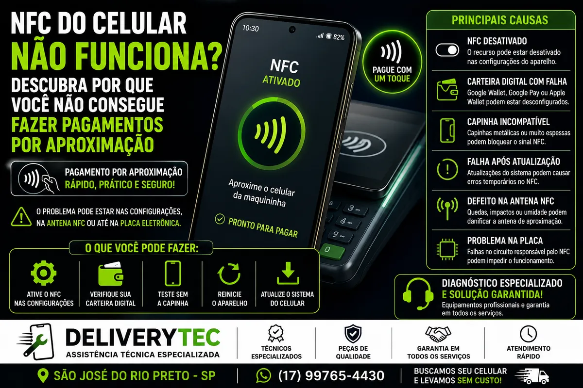 NFC do celular não funciona? Descubra por que você não consegue fazer pagamentos por aproximação — ilustração do artigo da Delivery Tec, assistência técnica de celular em São José do Rio Preto