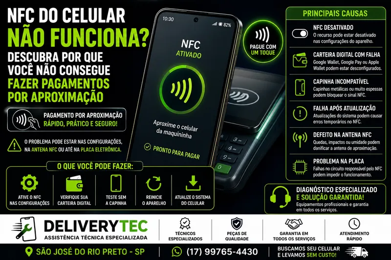 NFC do celular não funciona? Descubra por que você não consegue fazer pagamentos por aproximação — ilustração do artigo da Delivery Tec, assistência técnica de celular em São José do Rio Preto
