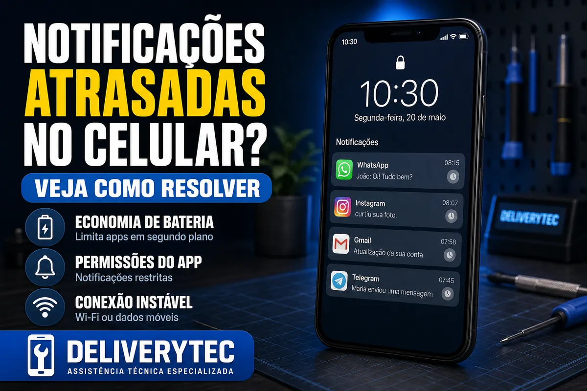 Notificações do Celular Chegando Atrasadas? Veja Como Resolver — ilustração do artigo da Delivery Tec, assistência técnica de celular em São José do Rio Preto