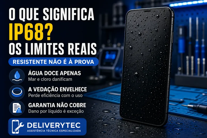 O que Significa IP68? Entenda os Limites da Resistência à Água — ilustração do artigo da Delivery Tec, assistência técnica de celular em São José do Rio Preto