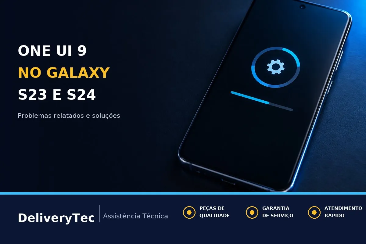 One UI 9 no Galaxy S23 e S24: Problemas Mais Relatados e Como Resolver — ilustração do artigo da Delivery Tec, assistência técnica de celular em São José do Rio Preto
