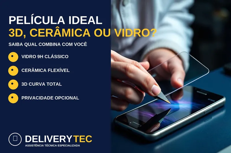 Película 3D, cerâmica ou vidro: qual escolher — ilustração do artigo da Delivery Tec, assistência técnica de celular em São José do Rio Preto